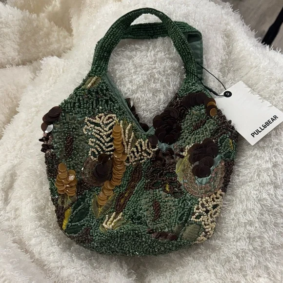 Pull&Bear Green and Brown Beaded Shoulder Bag - Picture 4 of 4